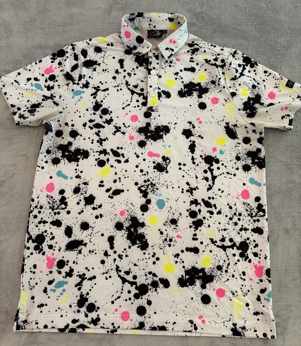 Sunday Swagger Polo Mens M Paint Splatter Print Short Sleeve Golf Shirt White